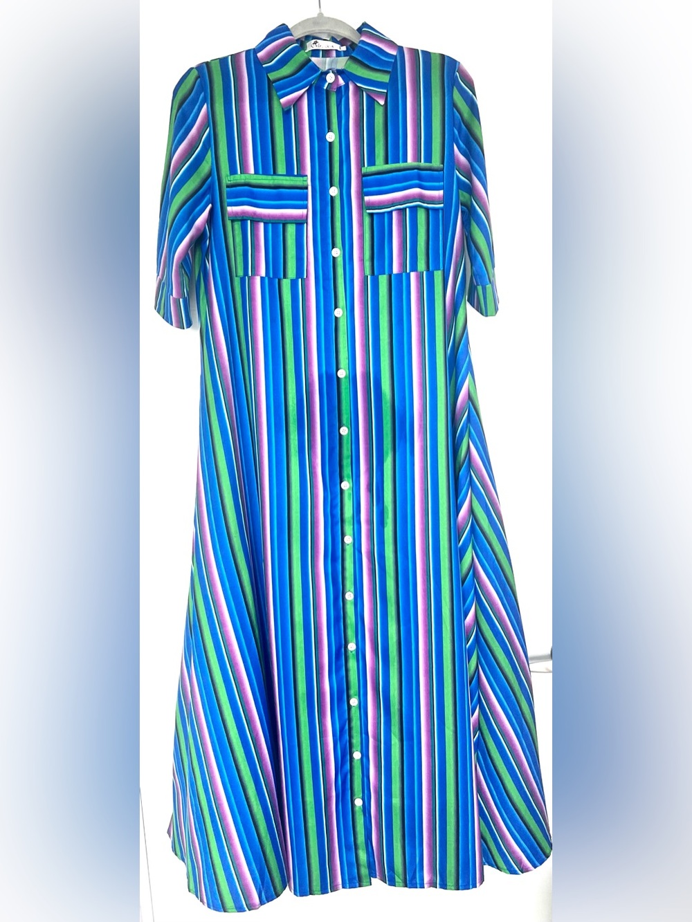 MR. KK Vertical Stripe Maxi Shirt Dress Blue Green Size L Lightly Worn